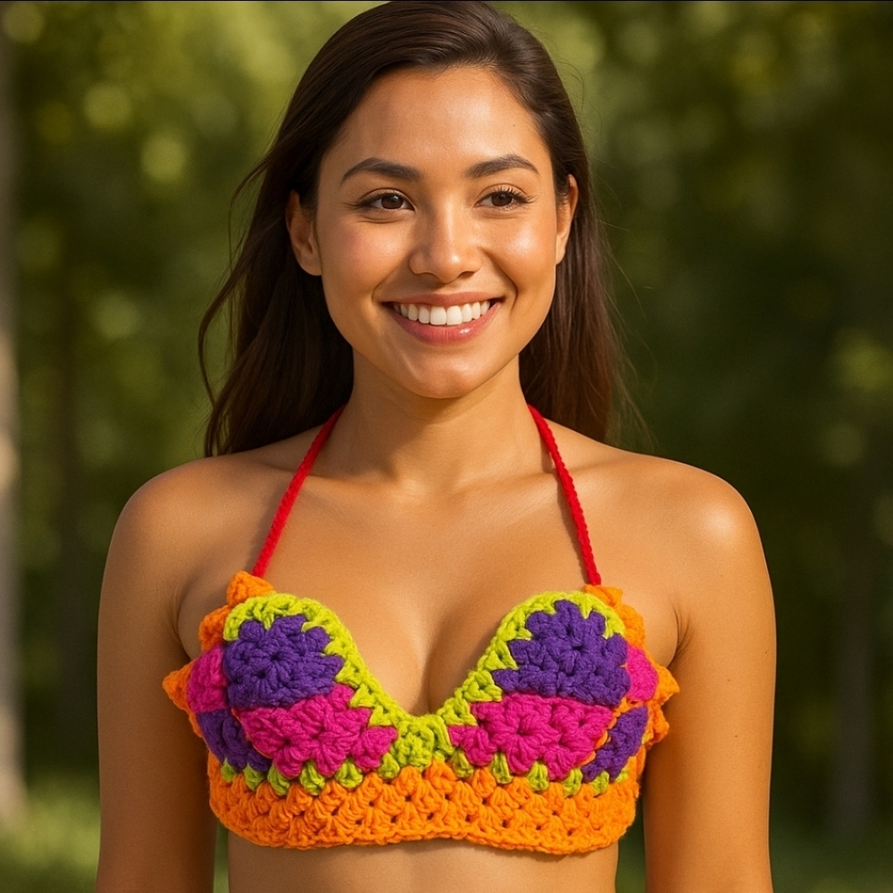 Hand crafted crochet Crop-Top Granny Square Halter Festival Fashion Summer Neon